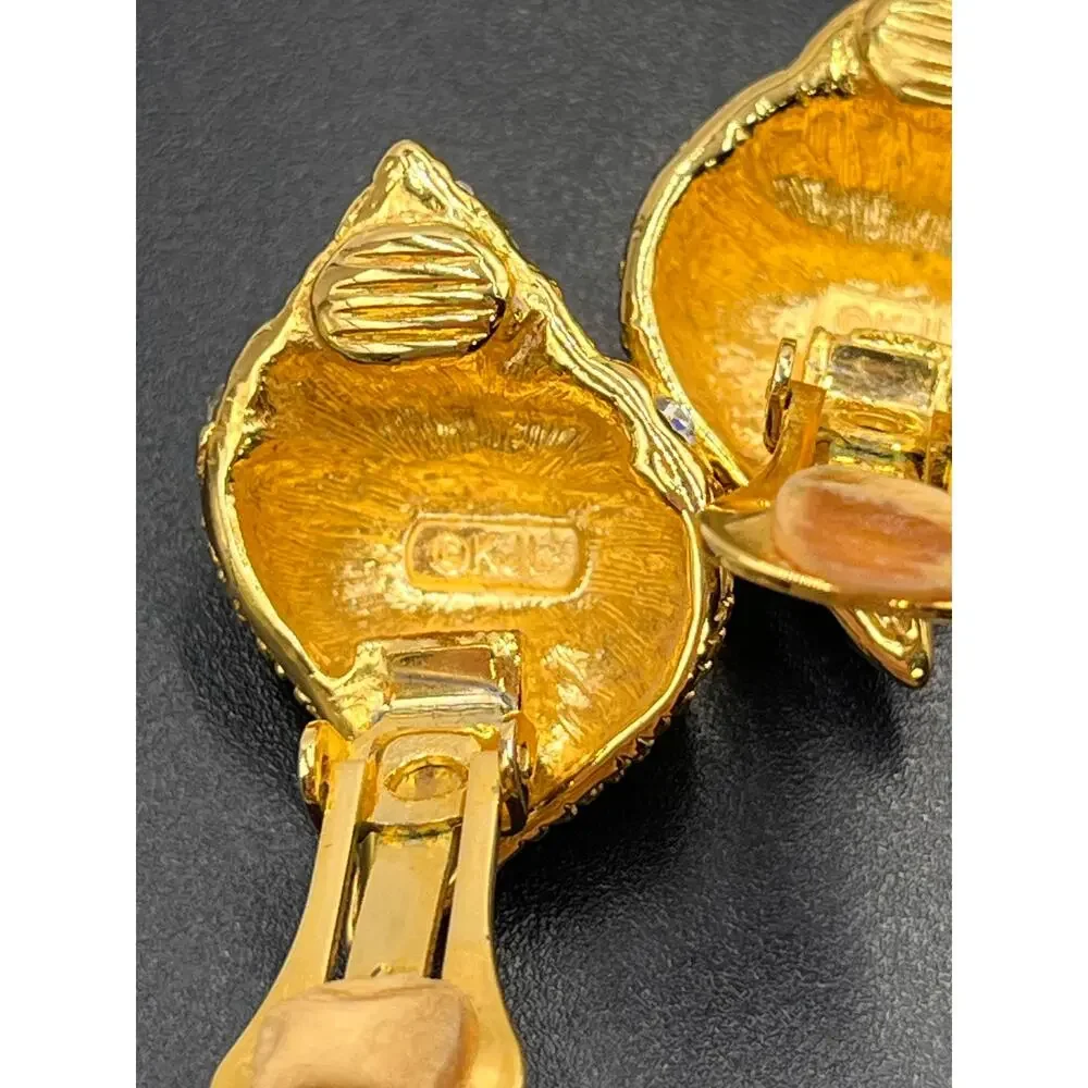 Kenneth Jay Lane KJL Vintage‎ Gold Crystal Seashell Crystal Clip On Earrings - Picture 7 of 9